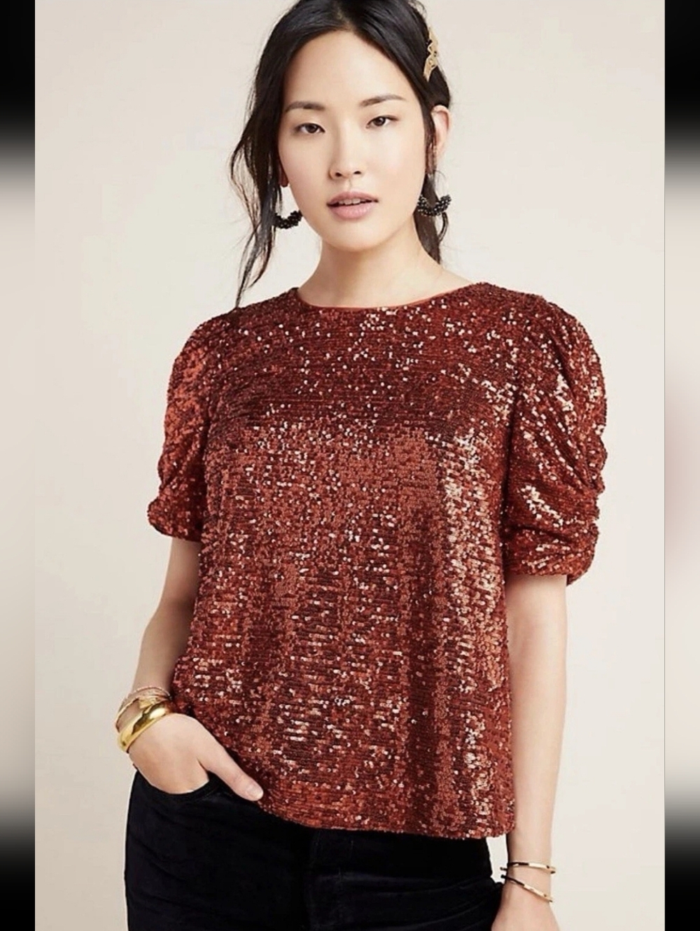 $120 Anthropologie Copper Ruched Puff Sleeve Sequin Glam Top Sz 0 Fit Small